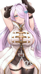  27h_kikyo absurdres armpits asymmetrical_gloves blue_eyes blush braid breasts butterfly_earrings cleavage demon_horns draph earrings female gloves granblue_fantasy hair_ornament hair_over_one_eye highres horns jewelry large_breasts looking_at_viewer narmaya_(granblue_fantasy) pointy_ears single_braid single_thighhigh smile snowman_hair_ornament solo thigh_gap thigh_strap thighhighs thighs uneven_gloves 