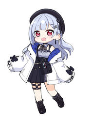  :d absurdres bag bare_shoulders beret black_footwear black_hat black_skirt chibi commentary female fishnet_thighhighs fishnets full_body grey_hair grey_shirt hair_ornament hairclip hakase_fuyuki hakase_fuyuki_(6th_costume) hat highres jacket long_hair long_sleeves nijisanji nozo_(hitomiz) open_clothes open_jacket pleated_skirt puffy_long_sleeves puffy_sleeves red_eyes shirt shoes shoulder_bag simple_background single_thighhigh skirt sleeves_past_fingers sleeves_past_wrists smile solo teeth thighhighs upper_teeth_only very_long_hair vial virtual_youtuber white_background white_jacket 