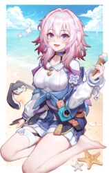  @_@ barefoot beach blue_eyes blue_skirt blue_sky blush breasts camera cloud commentary_request day feet female fingerless_gloves food gloves hair_between_eyes highres holding holding_food holding_ice_cream honkai:_star_rail honkai_(series) ice_cream jacket long_hair long_sleeves looking_at_viewer march_7th_(honkai:_star_rail) march_7th_(preservation)_(honkai:_star_rail) medium_breasts multicolored_eyes open_mouth outdoors partial_commentary pink_hair pom-pom_(honkai:_star_rail) purple_eyes revision sand shirt single_fingerless_glove sitting skirt sky smile sparkle starfish tied_jacket wangzili_shitoumen water white_shirt 