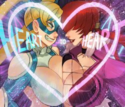  2girls alex_ahad blonde_hair breast_press breasts cleavage clothing_cutout commentary crossover elbow_cutout grin hair_over_eyes heart laces large_breasts lips mask multiple_girls rainbow_mika red_hair shermie_(kof) shoulder_cutout smile street_fighter street_fighter_v symbol-only_commentary symmetrical_docking the_king_of_fighters the_king_of_fighters_xv upper_body wrestling_mask wrestling_outfit 