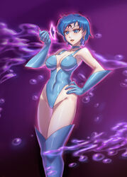  bishoujo_senshi_sailor_moon black_moon_clan blue_eyes blue_hair boots breasts cleavage crescent crescent_facial_mark earrings elbow_gloves facial_mark female forehead gloves highleg highleg_leotard highres jewelry leebigtree leotard mizuno_ami sailor_mercury short_hair solo swept_bangs thigh_boots 