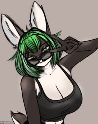  anthro big_breasts breasts brown_body clothed clothing eyewear female glasses green_eyes green_hair hair hardenonn hi_res lagomorph leporid looking_at_viewer mammal rabbit shirt solo tagme topwear 