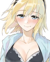  absurdres bikini black_bikini blonde_hair blue_eyes blue_jacket breasts cleavage collarbone fate/grand_order fate_(series) female hairband highres hood hooded_jacket jacket jeanne_d&#039;arc_(fate) jeanne_d&#039;arc_(swimsuit_archer)_(fate) jeanne_d&#039;arc_(swimsuit_archer)_(first_ascension)_(fate) large_breasts long_hair long_sleeves looking_at_viewer mitsurugi_sugar smile solo swimsuit 