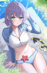  animal bikini blue_archive blue_bikini blush breasts cleavage female goggles green_eyes green_halo hair_between_eyes halo highres large_breasts long_sleeves looking_at_viewer navel official_alternate_costume primamiya purple_hair raglan_sleeves rash_guard saki_(blue_archive) saki_(swimsuit)_(blue_archive) short_hair solo starfish swimsuit wet 