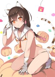  animal_ears bikini blush braid brown_hair cat_ears cat_tail collarbone female flat_chest gloves kantai_collection long_hair micro_bikini open_mouth orange_bikini orange_eyes pumpkin shin_(new) simple_background single_braid socks solo souya_(kancolle) swimsuit tail white_background white_gloves white_socks 