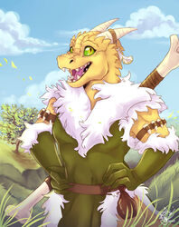  2021 4_fingers anthro belt bone_club clothing coat dnd_homebrew feathers female field_background fingers flat_chested fur grass green_sclera hands_on_hips horn knife_on_arm kobold parka plant pouch_(anatomy) pouch_purse pupils rezzic scales scalie shadowsidemaster smile solo standing tabard tail topwear weapon_on_back yellow_body yellow_eyes yellow_scales 