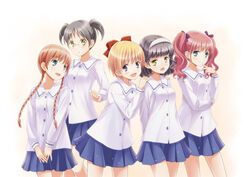  5girls annotated bad_id bad_pixiv_id black_hair blonde_hair blue_eyes blue_skirt blush bow braid brown_hair finger_to_mouth glasses green_eyes hairband hairbow hibino_hikaru hijiri_yuka hime-chan_no_ribbon iizuka_ena kamikura_ichiko lineup long_hair mori_manami multiple_girls nonohara_himeko pink_hair school_uniform short_hair short_twintails skirt smile standing twin_braids twintails 