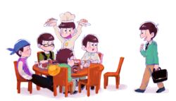  6+boys alternate_costume bad_id bad_twitter_id bandana briefcase brothers brown_hair chair chef chef_hat glasses hard_hat hat heart heart_in_mouth helmet male_focus matsuno_choromatsu matsuno_ichimatsu matsuno_jyushimatsu matsuno_karamatsu matsuno_osomatsu matsuno_todomatsu messy_hair multiple_boys osomatsu-kun osomatsu-san osomatsu_(series) plate risao sextuplets siblings simple_background sitting table white_background 