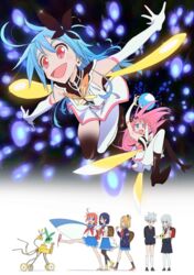  1boy 4girls :d ahoge anklet arm_sling bangs_pinned_back blue_hair bug butterfly butterfly_hair_ornament dress dual_persona elbow_gloves flip-flops flip_flappers gloves hair_ornament hair_ribbon high_heels highres jewelry kojima_takashi kokomine_cocona long_hair magical_girl multiple_girls official_art open_mouth papika_(flip_flappers) pleated_skirt pure_barrier pure_blade rabbit red_eyes ribbon robot sandals school_uniform serafuku short_dress short_hair skirt smile surfboard thighhighs toto_(flip_flappers) tt-392 uexkull walking white_dress white_gloves yayaka yuyu_(flip_flappers) 