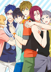  6+boys bad_id bad_pixiv_id black_hair blonde_hair blue_eyes blue_hair blush brown_hair free! glasses green_eyes grey_hair hazuki_nagisa headphones hug male_focus matsuoka_rin mole mole_under_eye multiple_boys nanase_haruka_(free!) nitori_aiichirou open_mouth oshidorio red_eyes red_hair ryuugazaki_rei smile sweat tachibana_makoto watch yaoi 