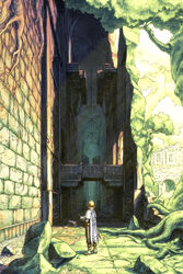  1boy book boots brown_hair cape commentary_request facing_away from_behind highres holding holding_book long_sleeves male_focus moss open_book overgrown pants plant_roots rock ruins scabbard scenery sheath solo sorey_(tales) stone_wall sunlight sword tales_of_(series) tales_of_zestiria vanishing_point wall watari_taichi weapon 