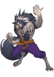  1boy abs bad_id bad_pixiv_id claws clenched_teeth commentary fangs full_body fur furry furry_male gallon_(vampire) glowing glowing_eyes highres male_focus pants penett purple_pants ribbon solo standing tail teeth transparent_background vampire_(game) werewolf wolf_boy yellow_ribbon 