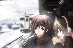  2girls blue_eyes brown_eyes brown_hair commentary_request gloves highres long_hair multiple_girls one_eye_closed open_mouth original outdoors portrait railroad_tracks scarf short_hair snow snowing suemizu_yuzuki train train_station white_gloves winter yellow_gloves 