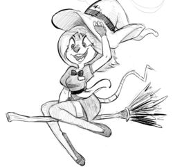  anthro breasts broom buckteeth cleaning_tool clothing costume endtown female fingerless_gloves gloves greyscale halloween handwear hat headgear headwear holidays holly_hollister mammal monochrome mouse murid murine rodent smekbo smile solo teeth witch_hat 