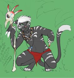  2015 anthro black_body black_fur blood bodily_fluids bone bone_necklace bottomwear cheskitty clothed clothing crouching domestic_cat felid feline felis fur green_eyes hair jewelry loincloth male mammal necklace piercing simple_background solo tail topless tribal valaska warpaint white_hair 