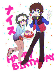  black_hair blue_eyes brown_hair cake cape female fingerless_gloves food gloves hajime_(hamatora) hamatora hat hood hoodie nice_(hamatora) pink_eyes short_hair white_hair 