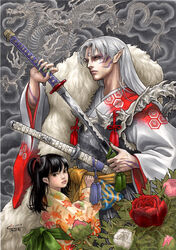  1boy 2015 a-un armor bad_id bad_pixiv_id black_hair claws commentary_request crescent crescent_facial_mark dou dragon eastern_dragon expressionless facial_mark female fingernails floral_print flower forehead_mark fur green_nails grey_hair highres holding holding_sheath holding_sword holding_weapon inuyasha japanese_armor japanese_clothes katana kikkoumon kimono kirimon_(paulownia) leaf_print long_hair menuki nail_polish obi one_side_up peony_(flower) photoshop_(medium) pink_flower pointy_ears realistic red_flower rin_(inuyasha) sash sesshoumaru sharp_fingernails sheath sheathed signature sword takumi_(marlboro) tassel unsheathing very_long_fingernails weapon white_flower yellow_eyes 