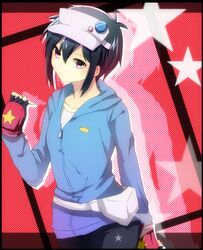  black_hair cape fingerless_gloves gloves hajime_(hamatora) hamatora hat hood hoodie pink_eyes pins short_hair solo 