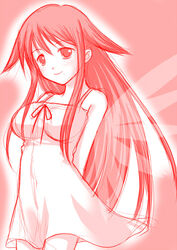  arms_behind_back bare_shoulders breasts commentary_request cosplay dress female genshiken large_breasts long_hair mole mole_under_mouth monochrome ohno_kanako pink_theme saya_(saya_no_uta) saya_(saya_no_uta)_(cosplay) saya_no_uta smile solo sundress syimikan wings 