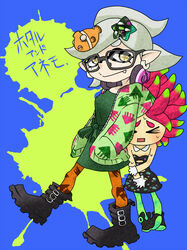  2girls annie_(splatoon) annie_(splatoon)_(cosplay) bad_id bad_pixiv_id boots closed_eyes cosplay costume_switch detached_collar dress earrings gloves green_shirt headphones headphones_around_neck inkling jewelry long_hair marie_(splatoon) marie_(splatoon)_(cosplay) moe_(splatoon) mole mole_under_eye multiple_girls oerba_yun_fang pantyhose pointy_ears shirt splatoon_(series) splatoon_1 tentacle_hair zukizuki 