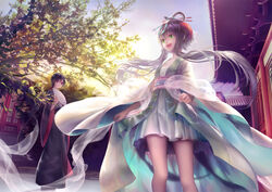  2girls architecture chinese_clothes chopsticks commentary_request crossdressing day east_asian_architecture folding_fan green_eyes grey_hair hair_ornament hand_fan hanfu long_hair luo_tianyi mayoimayoi multiple_girls outdoors pink_eyes short_hair_with_long_locks vocaloid vsinger yuezheng_ling 