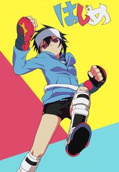  black_hair boots cape fingerless_gloves gloves hajime_(hamatora) hamatora hat hood hoodie pink_eyes short_hair shorts solo 