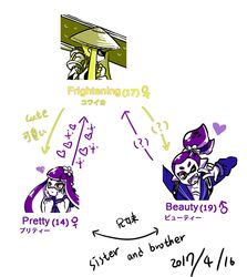  1boy 2girls ajirogasa beauty_(zoza) blonde_hair blunt_bangs flower frightening_(zoza) hair_flower hair_ornament hat heart inkling inkling_boy inkling_girl inkling_player_character long_hair mixed-language_text multiple_girls original pointy_ears pretty_(zoza) purple_hair sailor_collar short_hair splatoon_(series) tentacle_hair topknot zoza 