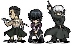  2boys black_lagoon chibi chicks_with_chainsaws female frederica_sawyer ginji_matsuzaki multiple_boys oso oso_(toolate) rotton rotton_the_wizard sawyer_the_cleaner 