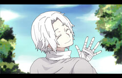  1boy ^_^ albino back bandaged_hand bandages blue_sky blurry blurry_background chiyozaka closed_eyes closed_mouth cloud collared_jacket colored_eyelashes commentary_request day facing_viewer fake_screenshot fingernails foliage from_behind head_tilt high_collar jacket kagerou_project letterboxed male_focus official_style outdoors parted_hair sky smile solo tsukihiko_(kagerou_project) turning_head upper_body waving white_hair white_jacket 