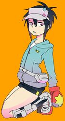  black_hair boots cape fingerless_gloves gloves hajime_(hamatora) hamatora hat hood hoodie pink_eyes short_hair shorts solo 