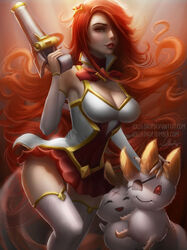  alternate_costume alternate_hairstyle bare_shoulders breasts cleavage detached_sleeves dress female green_eyes gun hair_ornament hair_over_one_eye handgun large_breasts league_of_legends lipstick lolliedrop long_hair looking_at_viewer magical_girl orange_hair pistol sarah_fortune short_dress solo star star_guardian_miss_fortune thigh_boots 