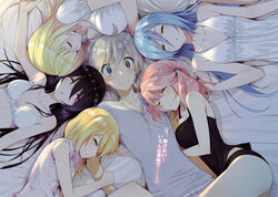  1boy 5girls @_@ ahoge arm_hug armpits bed_sheet black_hair black_panties blonde_hair blue_hair blush bow bow_bra bra breast_rest breasts breasts_on_head camisole celistia_ralgris circle_formation cleavage collarbone collared_shirt from_above girl_sandwich hair_between_eyes harem highres indoors kasuga_ayumu_(haruhipo) kirihime_yoruka krulcifer_einfolk large_breasts lisesharte_atismata long_hair looking_at_viewer lux_arcadia lying multiple_girls nervous nightgown novel_illustration official_art on_back on_bed on_side outstretched_arm panties parted_lips philuffy_aingram photoshop_(medium) pink_hair saijaku_muhai_no_bahamut sandwiched scan scrunchie shade shirt short_hair short_twintails sleeping sleeveless small_breasts straight surrounded translated twintails underwear very_long_hair white_bra white_hair 