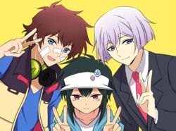  2boys art_(hamatora) black_hair blue_eyes brown_hair cape fingerless_gloves gloves hajime_(hamatora) hamatora hat hood hoodie multiple_boys nice_(hamatora) pink_eyes purple_eyes short_hair white_hair 