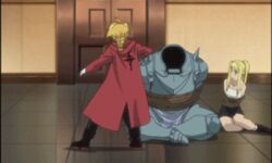  3boys alphonse_elric animated animated black_hair blonde_hair edward_elric female fighting fullmetal_alchemist greed long_hair lowres multiple_boys short_hair winry_rockbell 