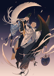  2boys abe_no_seimei_(onmyoji) artist_name blue_eyes commentary geta hand_fan highres japanese_clothes kinsatsu_(grizzled) long_hair low-tied_long_hair multiple_boys onmyoji onmyouji ootengu_(onmyoji) paper_fan photoshop_(medium) short_hair silver_hair tengu tengu-geta uchiwa very_long_hair wings 