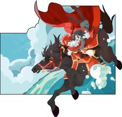  2boys alexander_(fate) black_hair braid bucephalus_(fate) cape commentary_request fate/grand_order fate/zero fate_(series) horse horseback_riding kuroihato long_hair multiple_boys red_eyes red_hair riding waver_velvet 