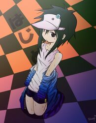  black_hair cape fingerless_gloves gloves hajime_(hamatora) hamatora hat hood hoodie pink_eyes short_hair shorts solo tank_top tanktop undressing 