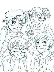  2boys 2girls androgynous ariga_makoto crossdressing glasses hourou_musuko monochrome multiple_boys multiple_girls nitori_shuuichi reverse_trap sasa_kanako short_hair short_twintails takatsuki_yoshino trap twintails twintails 