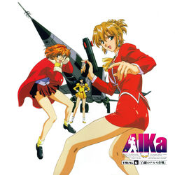  1990s_(style) 3girls absurdres agent_aika aida_rion aika_(series) aircraft airplane arm_up ascot bare_shoulders blonde_hair blue_eyes blue_hair bobby_socks breasts brown_eyes brown_hair cleavage_cutout closed_mouth clothing_cutout coat copyright_name cropped_legs delmogeny_uniform dress earrings english_text folded_ponytail full_body glasses gloves golden_delmo gun hairband high_heels highres holding holding_gun holding_weapon jacket jet jewelry juliet_sleeves kneepits lipstick logo long_hair long_sleeves looking_at_viewer makeup medium_breasts multiple_girls official_art open_mouth pantylines pencil_skirt photoshop_(medium) puffy_sleeves purple_vest red_coat red_jacket red_lips red_skirt retro_artstyle rie_petoriyacowa short_hair simple_background skirt smile socks standing sumeragi_aika uniform vest weapon white_background white_legwear wind wind_lift yamauchi_noriyasu yellow_ascot yellow_dress yellow_footwear yellow_gloves yellow_legwear 