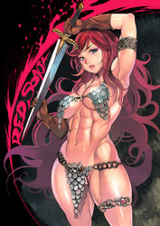  abs armlet armor armpits bikini_armor blood blood_on_weapon blood_splatter blue_eyes breasts brown_gloves chainmail character_name cowboy_shot elbow_gloves eyeshadow f.s. female floating_hair gloves groin highres holding holding_sword holding_weapon large_breasts lips long_hair looking_at_viewer makeup muscular muscular_female navel o-ring o-ring_bottom obliques parted_lips pelvic_curtain red_hair red_sonja red_sonja_(comics) sideboob skull solo swept_bangs sword thick_thighs thighlet thighs underboob very_long_hair wavy_hair weapon 