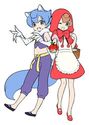  2boys ;d alternate_hair_color animal_ears apple apron armpits basket blue_eyes blue_hair brown_hair bulleta bulleta_(cosplay) claws commentary_request cosplay crossdressing dual_persona fangs food fruit full_body fur_trim gallon_(vampire) gallon_(vampire)_(cosplay) halloween holding holding_food holding_fruit hood inazuma_eleven_(series) inazuma_eleven_go little_red_riding_hood little_red_riding_hood_(grimm) little_red_riding_hood_(grimm)_(cosplay) male_focus mary_janes matsukaze_tenma midriff multiple_boys navel one_eye_closed open_mouth pants ribbon shoes simple_background smile standing tail tooru vampire_(game) vest werewolf white_background wolf_boy 