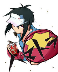  black_hair cape chocolate_bar eating fingerless_gloves gloves hajime_(hamatora) hamatora hat hood hoodie pink_eyes punching short_hair solo 