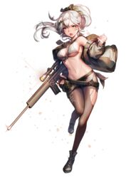  belt bikini bikini_top_only chinese_commentary commentary_request female full_body girls&#039;_frontline grey_eyes gun h&amp;k_psg1 high_ponytail highres jacket kyjsogom long_hair looking_at_viewer midriff miniskirt navel open_mouth pantyhose ponytail psg-1_(girls&#039;_frontline) rifle shoes skirt sniper_rifle solo standing standing_on_one_leg swimsuit torn_clothes torn_pantyhose weapon white_background white_hair 