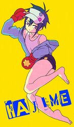  barefoot black_hair cape fingerless_gloves gloves hajime_(hamatora) hamatora hat hood hoodie pink_eyes short_hair shorts solo 