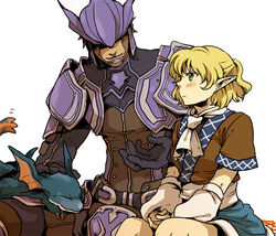  1boy armor blonde_hair blush commentary_request crossover dragoon_(final_fantasy) dragoon_wyvern_(ff11) emu_(losspass) female final_fantasy final_fantasy_xi green_eyes mizuhashi_parsee pointy_ears ryu-san short_hair short_sleeves the_iron_of_yin_and_yang touhou 