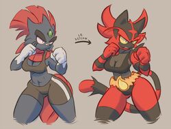  2016 abs anthro bandage bra breasts claws cleavage clothed clothing conditional_dnp corona_(teckworks) elgiza english_text eyebrows fan_character felid female forehead_gem frown gem generation_4_pokemon generation_7_pokemon gloves_(marking) grey_background incineroar mammal markings nintendo pokemon pokemon_(species) pokemorph portrait pose simple_background solo sport teckworks text thick_thighs three-quarter_portrait tight_clothing underwear weavile wide_hips yellow_eyes 