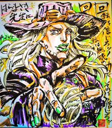  1boy ashiya_kouhei commentary_request green_nails gyro_zeppeli hat jojo_no_kimyou_na_bouken lips male_focus marker_(medium) nail_polish shikishi solo steel_ball_run traditional_media 