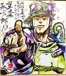  1boy ashiya_kouhei commentary_request hat jojo_no_kimyou_na_bouken kujo_jotaro male_focus marker_(medium) official_style pointing shikishi solo traditional_media 