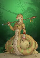  2015 5_fingers abs anthro apode aurancreations draconcopode fingers hi_res holding_object holding_weapon jewelry kalisster_ssin legless looking_at_viewer male melee_weapon naga necklace nude polearm python reptile scalie serpentine snake solo spear weapon 