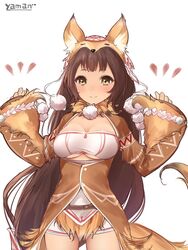  animal_costume animal_ears arms_up artist_name blush breasts brown_hair cleavage commentary_request cowboy_shot female fox_costume fox_ears fox_tail fur_collar highres jacket large_breasts long_hair looking_at_viewer pippin_(sennen_sensou_aigis) sennen_sensou_aigis smile solo strapless tail tube_top underboob very_long_hair white_background wide_sleeves yaman yellow_eyes 